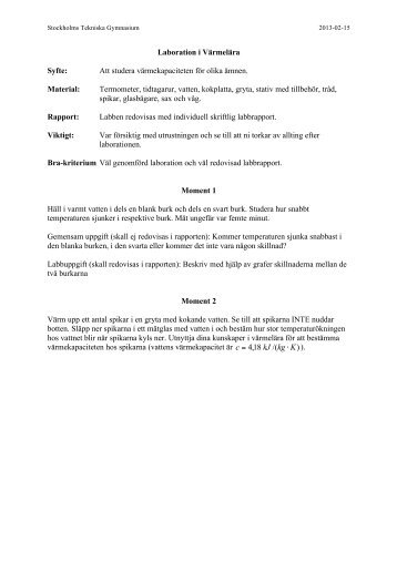 Laboration i Värmelära Syfte: Att studera ... - Wikiskola