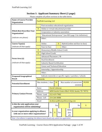 Section 1: Applicant Summary Sheet (1 page) - Louisiana ...