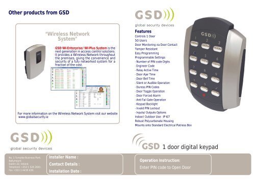 GSD 1 Door Digital Keypad - Global Security Devices