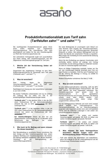 Produktinformationsblatt zum Tarif zahn (Tarifstufen ... - asano AG