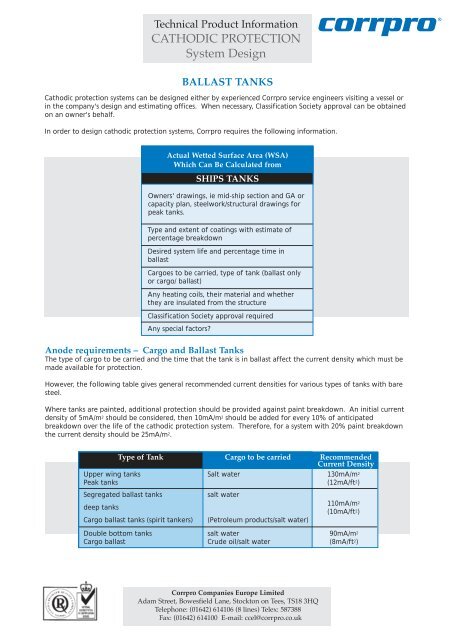 Cathodic Protection System Design - Ballast Tanks - Corrpro.Co.UK