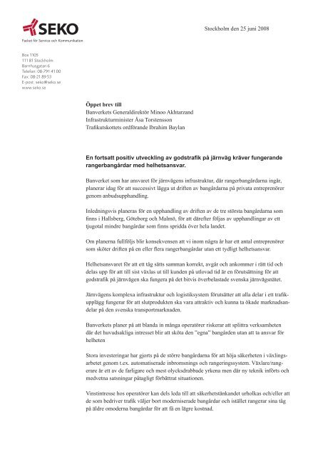 Öppet brev till Banverkets Generaldirektör Minoo Akhtarzand ... - Seko