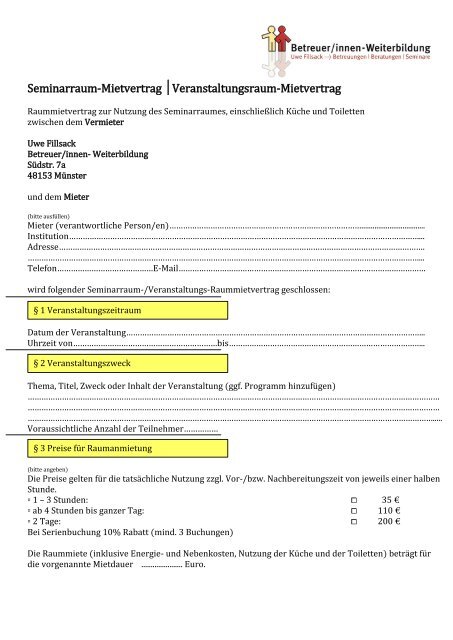 Seminarraum-Mietvertrag Veranstaltungsraum-Mietvertrag