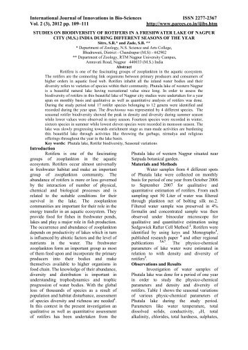 studies on biodiversity of rotifers in a freshwater lake of nagpur city