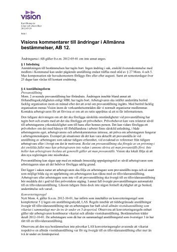 Visions kommentarer till ändringar i Allmänna bestämmelser, AB 12.