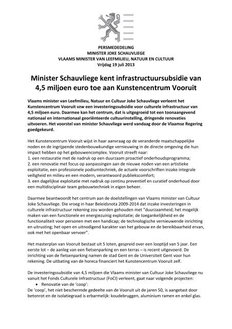 Minister Schauvliege kent infrastructuursubsidie van 4,5 miljoen ...