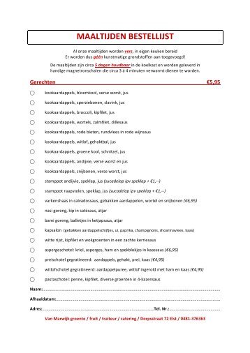 MAALTIJDEN BESTELLIJST - Van Marwijk Catering