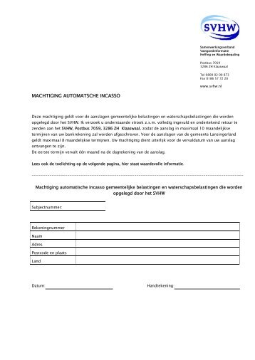 Formulier machtiging automatische incasso - Svhw