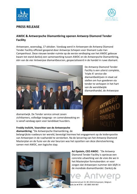 PRESS RELEASE - Antwerp World Diamond Centre