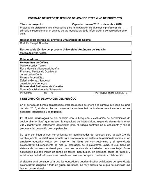 FORMATO DE REPORTE TÉCNICO DE PROYECTO - Cudi