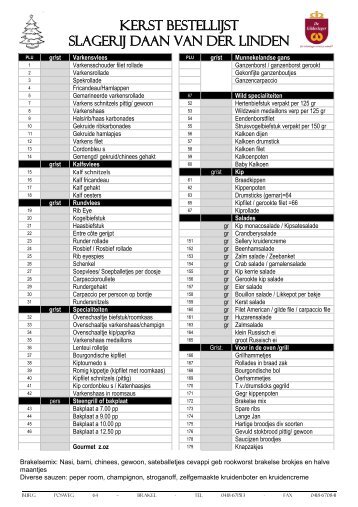kerst bestellijst slagerij daan van der linden - Wie is mijn slager.nl