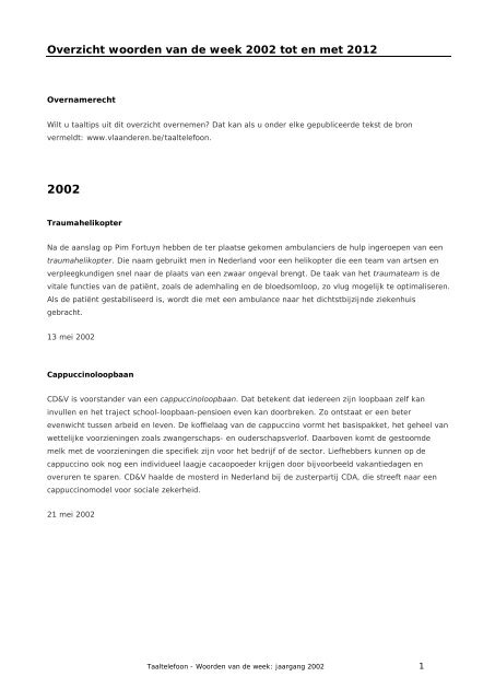 Overzicht woorden van de week 2002-2012 - Taaltelefoon.be ...