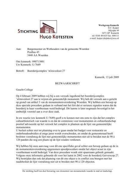 Klik hier voor het volledige bezwaarschrift. - Stichting Hugo Kotestein