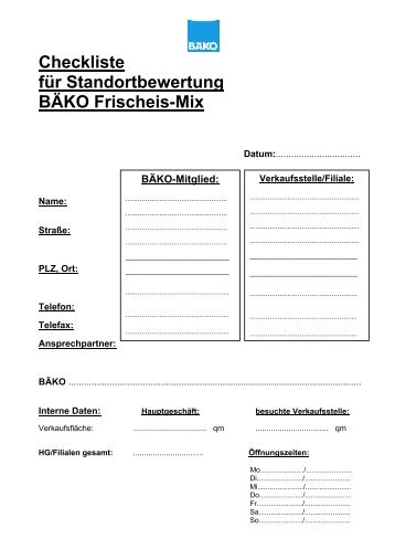 Checkliste für Standortbewertung BÄKO Frischeis-Mix