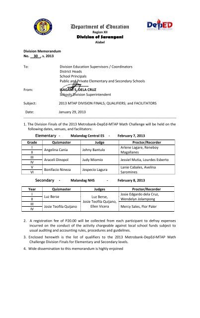 DM no. 30, s. 2013 2013 Division MTAP Finals and List of Qualifiers ...