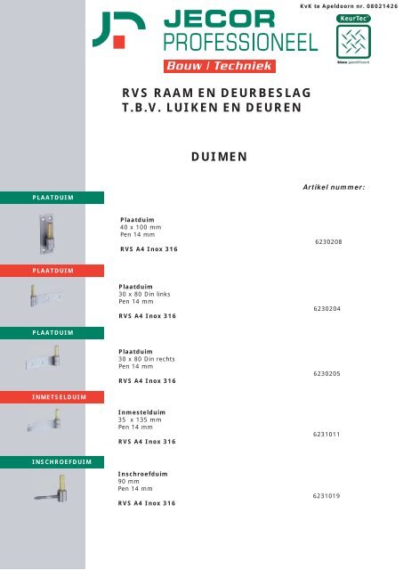 RVS RAAM EN DEURBESLAG T.B.V. LUIKEN EN DEUREN DUIMEN