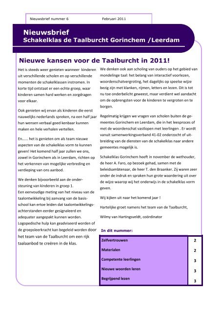 Nieuwsbrief januari 2011 - Schakelklas de Taalburcht