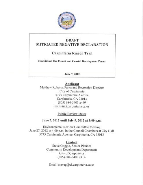 Negative Declaration Form DRAFT MITIGATED NEGATIVE DECLARATION ... - City of Carpinteria