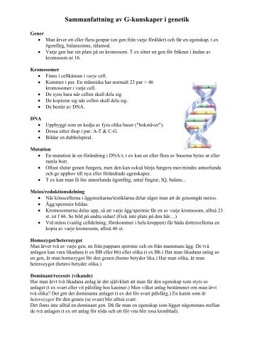 Sammanfattning av G-kunskaper i genetik och ... - Gottsundaskolan