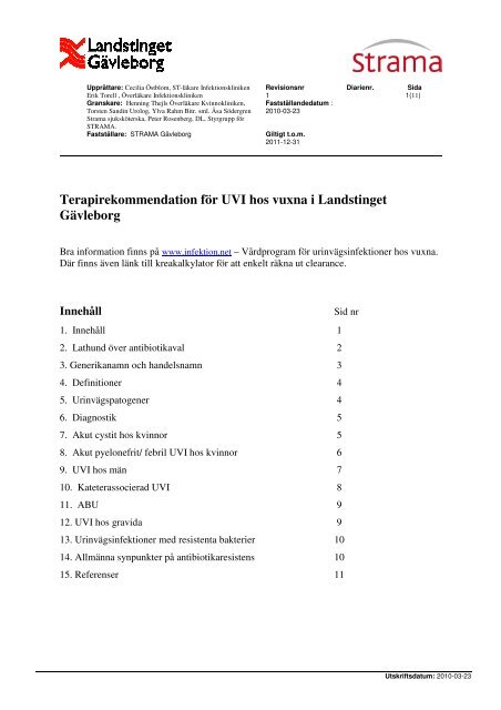 Terapirekommendation för UVI hos vuxna i Landstinget Gävleborg