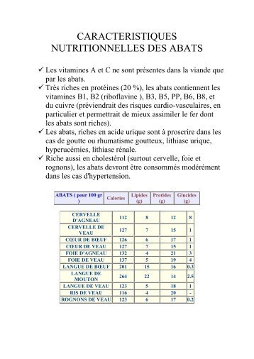 CARACTERISTIQUES NUTRITIONNELLES DES ABATS