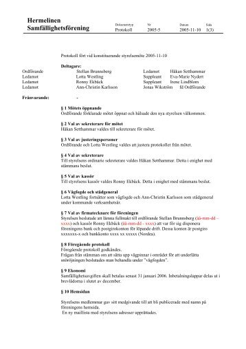 Protokoll fört vid konstituerande styrelsemöte 2005-11-10
