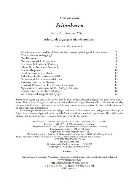 Den uttalade Fritänkaren Nr. 190 Hösten 2010 - fritenkaren.se