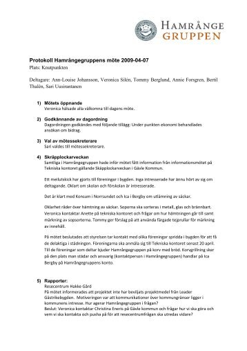 Protokoll Hamrångegruppens möte 2009-04-07