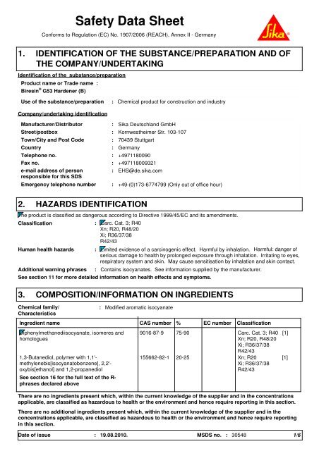 Sds Biresin G53 Hardener B En Sika Deutschland Gmbh