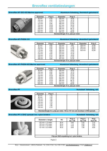 Prijslijst Flexibele Slangen voor ventilatie en afzuiging 01-02-2011