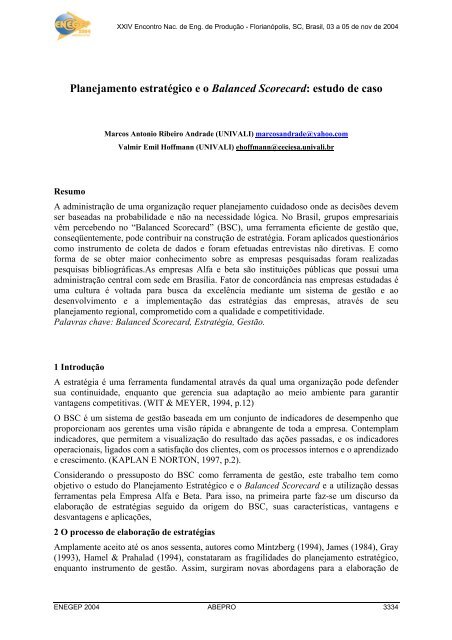 Planejamento estratégico e o balanced scorecard: estudo ... - Abepro