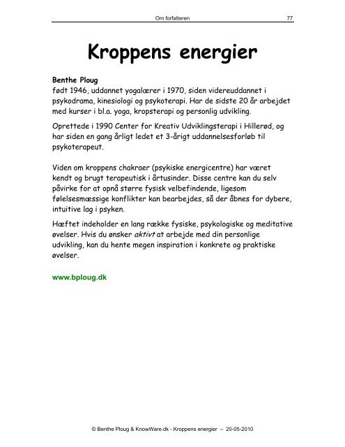 Kroppens Energier Forfatter: Benthe Ploug, www ... - KnowWare