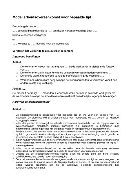 Model arbeidsovereenkomst voor bepaalde tijd