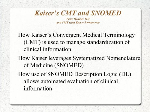 Kaiser's CMT and SNOMED