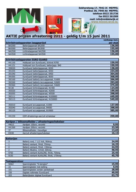 AKTIE prijzen afrastering 2011 - geldig t/m 15 juni 2011 - Middelwijk