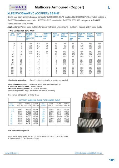 Armoured Cable Diameter Chart