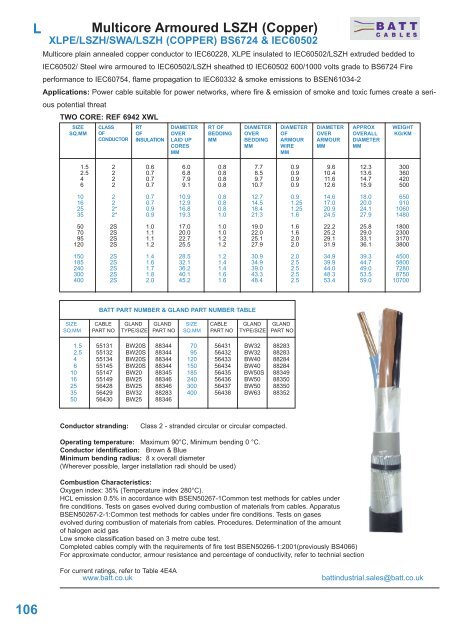 Swa Cable Diameter Chart