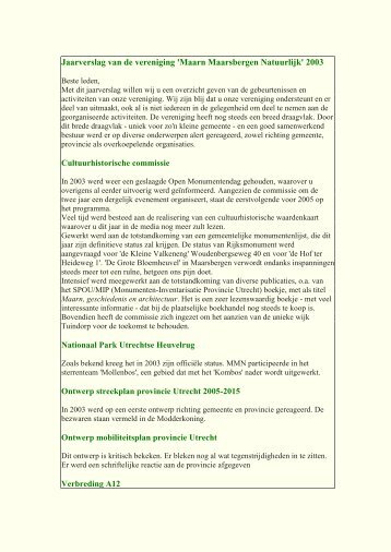Jaarverslag van de vereniging 'Maarn Maarsbergen Natuurlijk' 2003