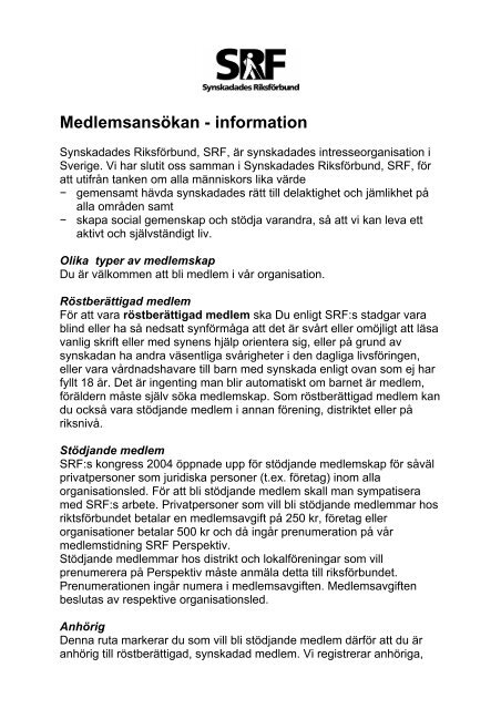 Medlemsansökan - information - Synskadades Riksförbund