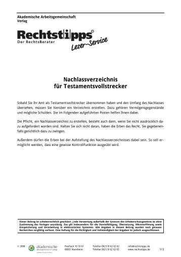 Nachlassverzeichnis für Testamentsvollstrecker - Steuertipps.de
