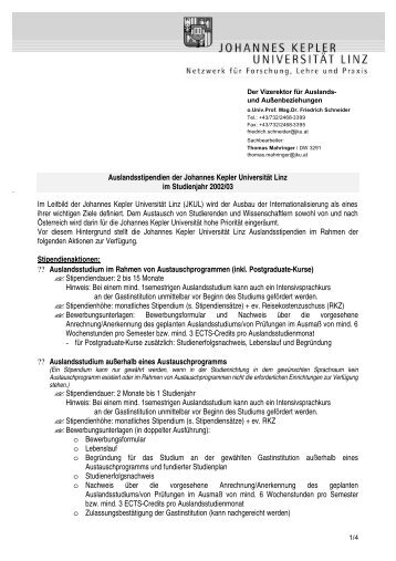 Auslandsstipendien der Johannes Kepler Universität Linz im ... - JKU