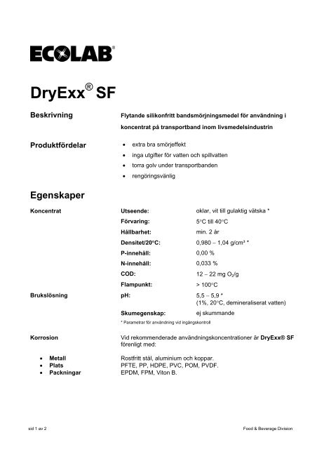 Produktblad DryExx SF - Ecolab - Ecolab AB