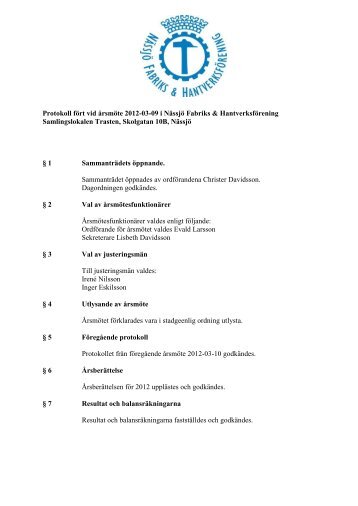 Protokoll fört vid styrelsemöte 2007-09-17 i Nässjö Hantverksförening