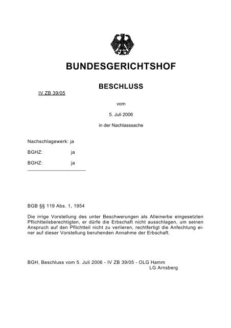 BGH IV ZB 39/05 Anfechtung der ... - Kanzlei-roth.de