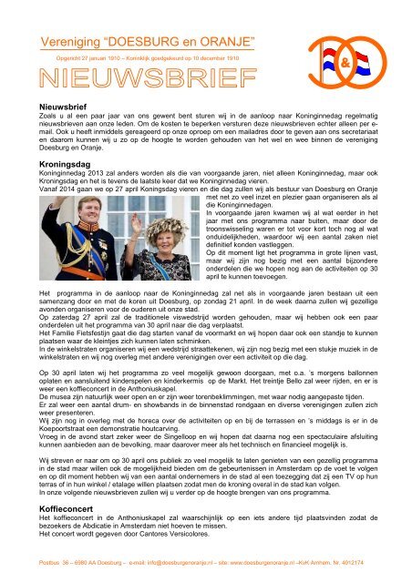 Vereniging “DOESBURG en ORANJE” - Doesburg & Oranje