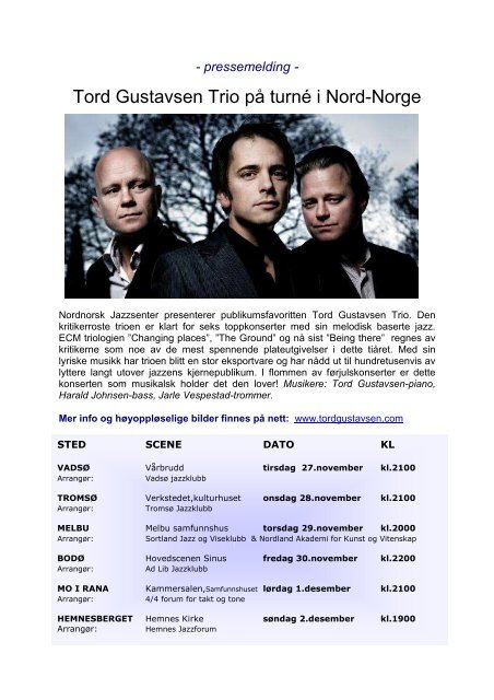 Pressemelding Tord Gustavsen Trio - Bodø Big Band