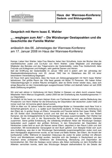 Haus Der Wannsee Konferenz Gesprach Mit Herrn Isaac E Wahler