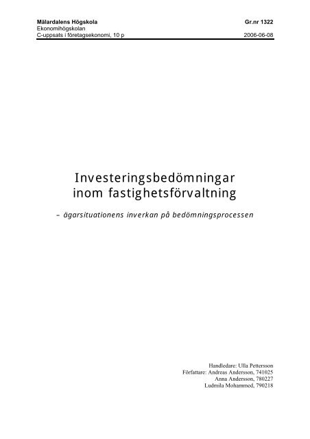 Investeringsbedomningar Inom Fastighetsforvaltning