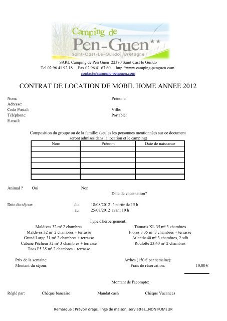 CONTRAT DE LOCATION DE MOBIL HOME ANNEE 2012