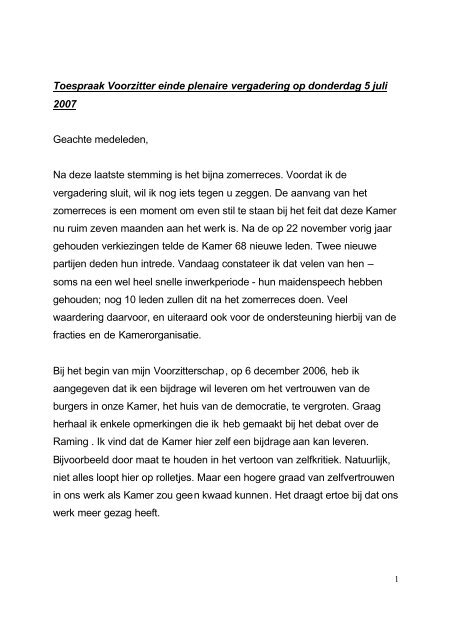 Toespraak einde laatste vergadering voor het ... - Tweede Kamer